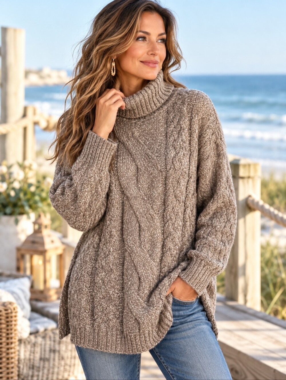 GAP Brown Chunky Cable Knit Mohair Turtleneck Sweater Sm Cabincore Coastal Gran